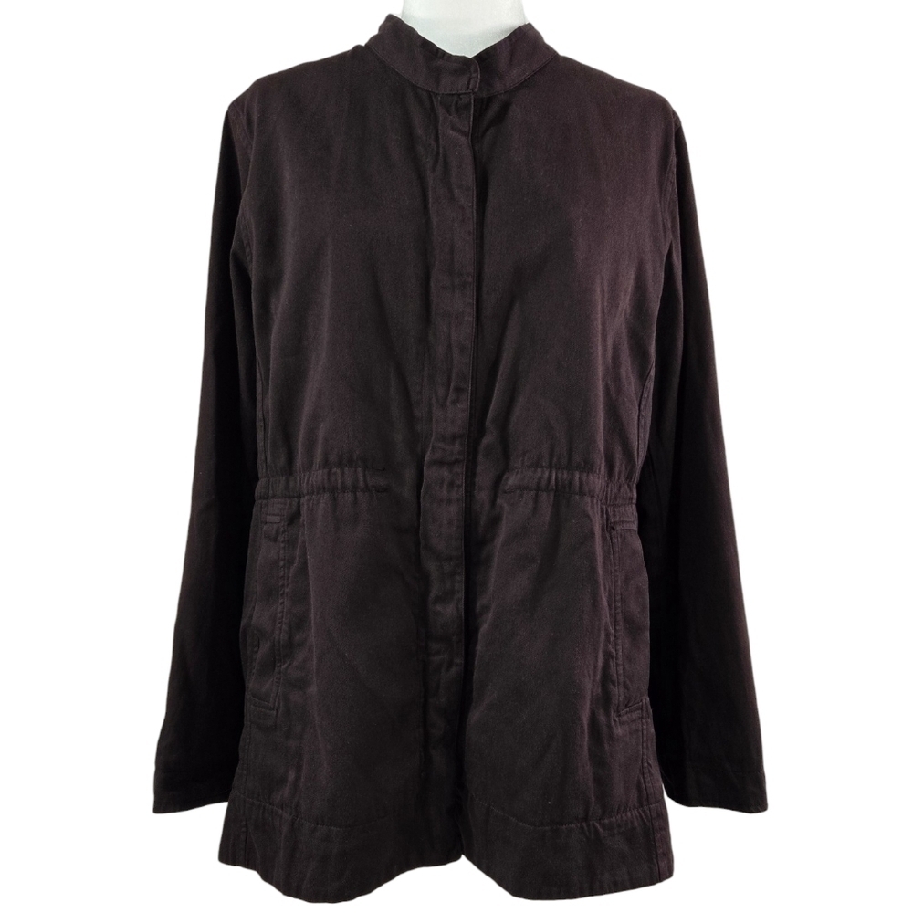 Eileen Fisher Organic Cotton Blend Brown Full Zip Jacket Drawstring Pockets